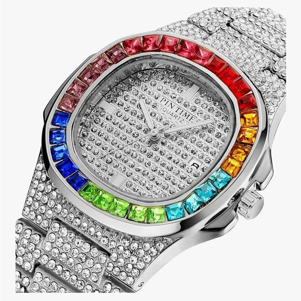 Iced Out Stainless Steel Bust Down Watch Simulated Diamond Quartz Luxury Bling